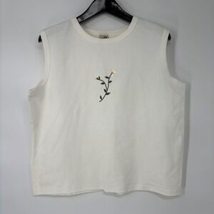 Vintage Cal Cru Off White Daisy Embroidered Slub Cotton Knit Top XL Made in USA‎